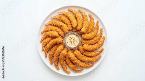 Fried Shrimp Plate Top View Crispy Fried Shrimp Arranged In Circular Pattern On White Round Ceramic Plate Isolated On Pure White Background Golden Crunchy Coating
