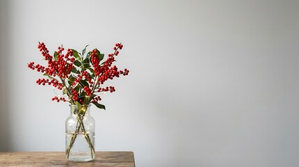 Red winter berries in a glass vase with fairy lights