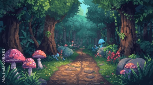 whimsical enchanted forest trail with glowing mushrooms and fantasy adventurers