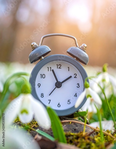A small gray alarm clock sits among blooming white flowers in a sunny, out-of-focus background