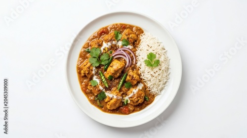 Chicken Curry Plate Top View Chicken Curry Served Elegantly On White Round Ceramic Plate Isolated On Pure White Background Rich Colorful Sauce Premium Restaurant Presentation
