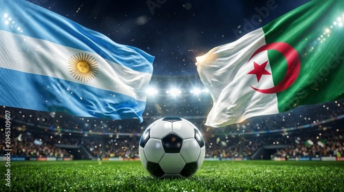 Argentina vs algeria soccer match - flags and soccer ball under stadium lights