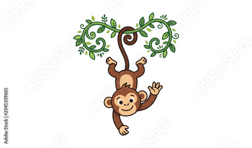 Canvas Print Funny Monkey Hanging Upside Down on Liana Cute Cartoon Animal Vector