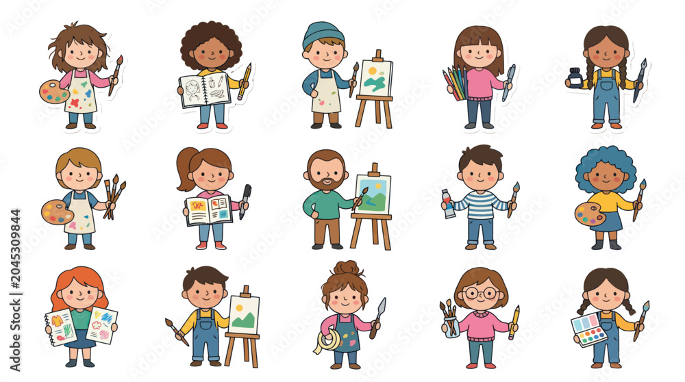 Fototapeta premium Cute Kids Artists with Palettes, Brushes, Easels, Vector Art