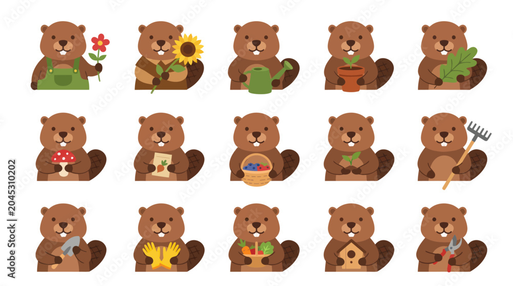 Fototapeta premium Flat Cartoon Beaver Gardening Nature Activities Vector Set - Cute Animal Gardener Illustrations