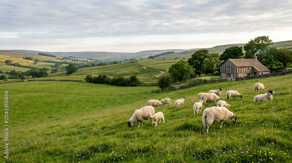 Fototapeta premium Peaceful sheep grazing on a green hillside by a rural cottage