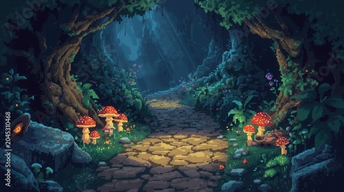 enchanted forest pathway with glowing mushrooms and magical plants in pixel art style