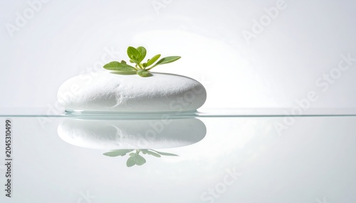 A small, green plant sprouts from a smooth, white stone, resting on a reflective surface. The image has a clean, minimalist aesthetic