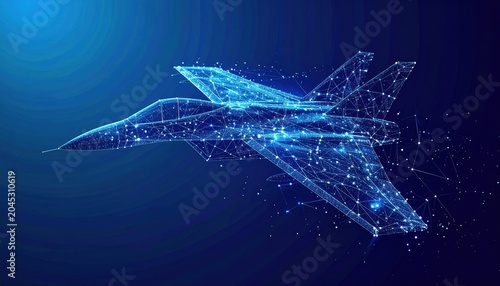 Futuristic blue glowing wireframe aircraft flying upwards.