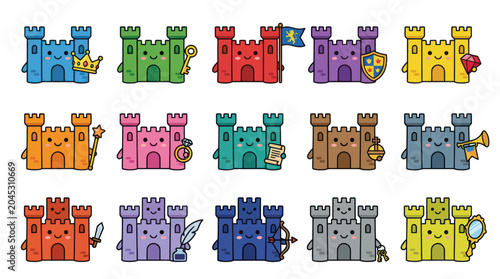Cute Flat Cartoon Castle Vector Set for Children's Stories, Fairy Tales, and Fantasy Designs
