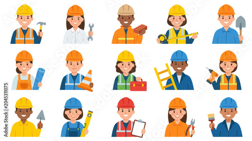 Diverse construction workers with tools, flat illustration, vector icons