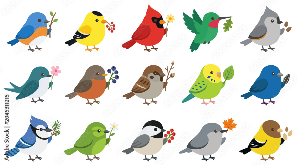 Fototapeta premium Cute Flat Cartoon Nature Birds Collection. Diverse Wild Bird Species Vector Illustration for Children's Education.