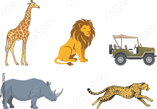 Photography Set of hand drawn african safari animal icons including giraffe lion cheetah rhi
