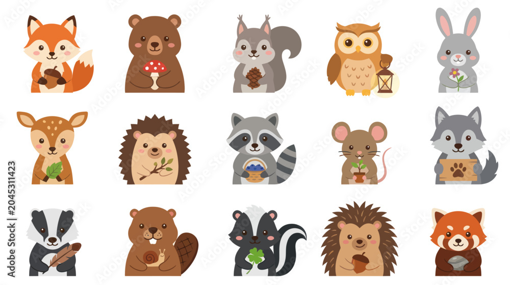 Obraz premium Cute Flat Cartoon Woodland Forest Animals Vector Illustration Set for Children's Education Nature Themes