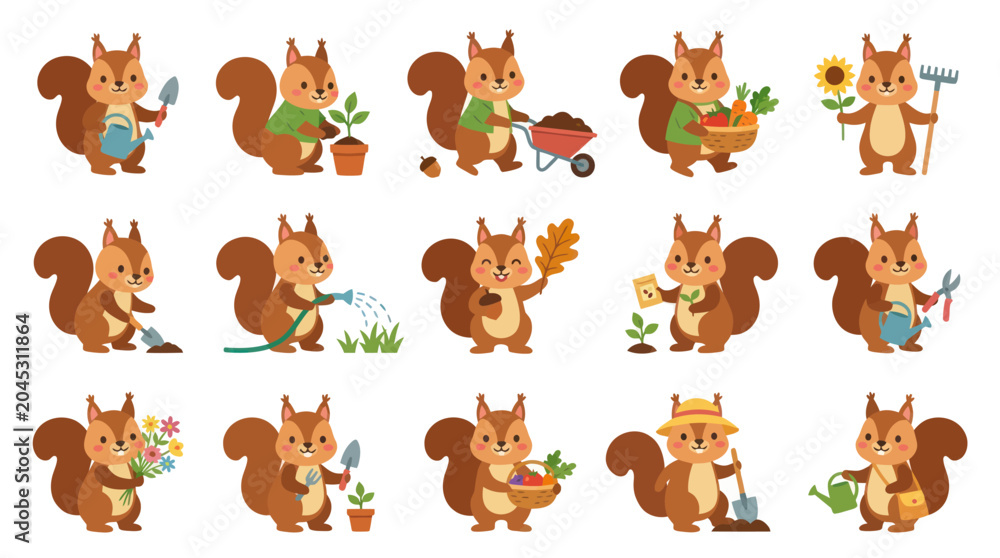 Fototapeta premium Cute Squirrels Gardening and Farming, Flat Vector Art