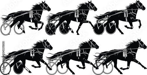 Konstfotografi Harness Racing Horse Silhouettes Collection with Trotting Horses and Sulky Carts