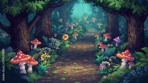 enchanted forest trail with glowing magical mushrooms and fantasy plants at dusk