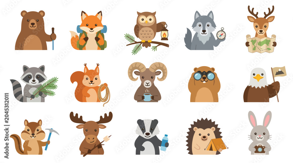 Naklejka premium Cute Woodland Animals Camping Adventure Flat Design Vector Illustrations