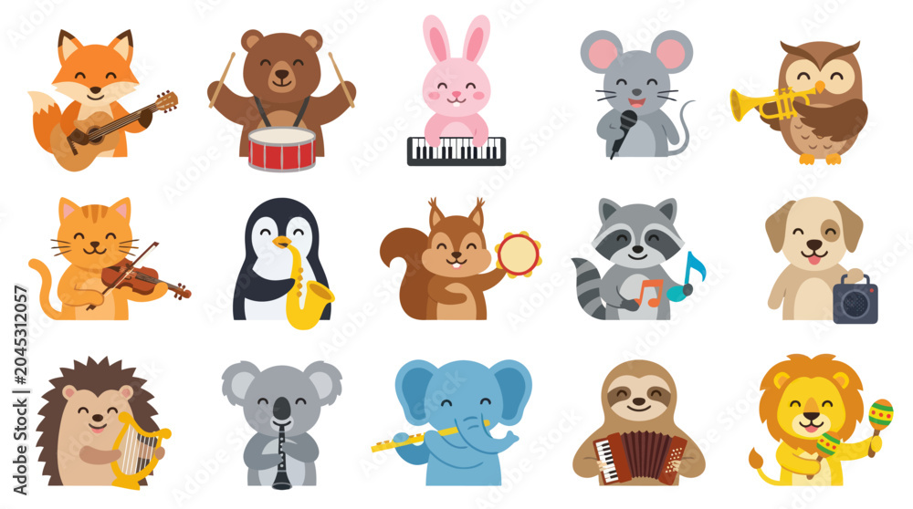 Fototapeta premium Cute Animals Playing Musical Instruments Flat Design Vector Collection