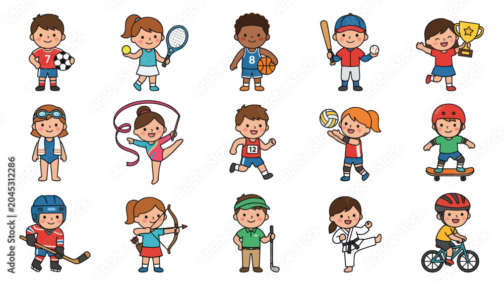 Fototapeta premium Kids Sports Characters Flat Cartoon Vector Illustration Set