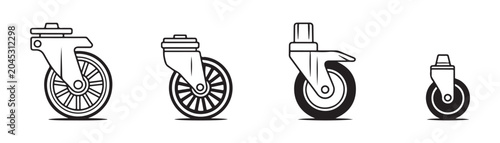 Industrial caster wheels set for furniture trolley carts and heavy equipment hardware in thin outline art.