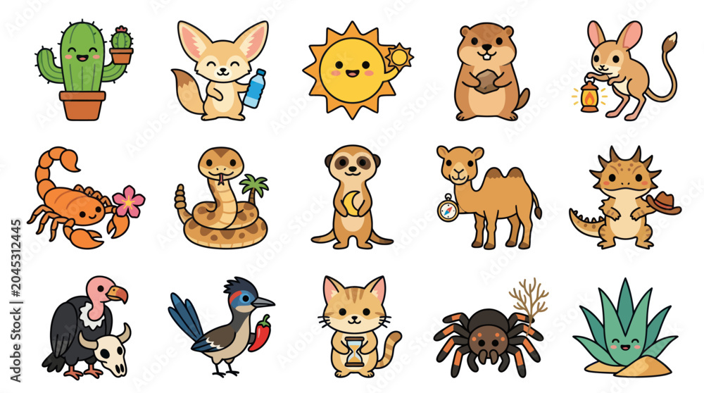 Obraz premium Cute Cartoon Desert Animals and Plants Vector Illustration Set. Adorable Wildlife Icons Collection.