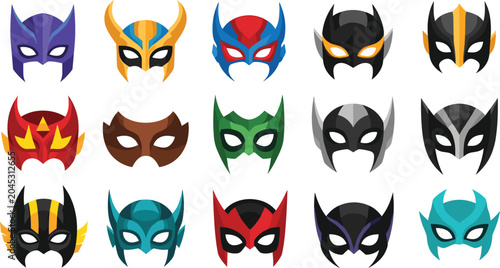 Superhero Mask Collection with Colorful Comic Style Face Masks Vector Illustration Set for Costume Design, Carnival, Halloween, and Fantasy Characters