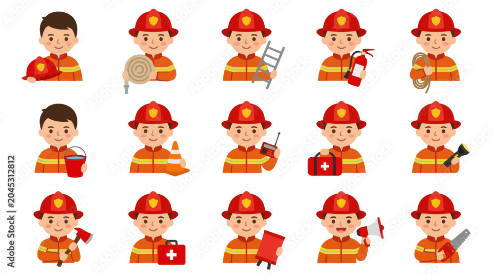 Obraz premium Flat Design Firefighter Characters Vector Illustration Set with Emergency Rescue Service Equipment