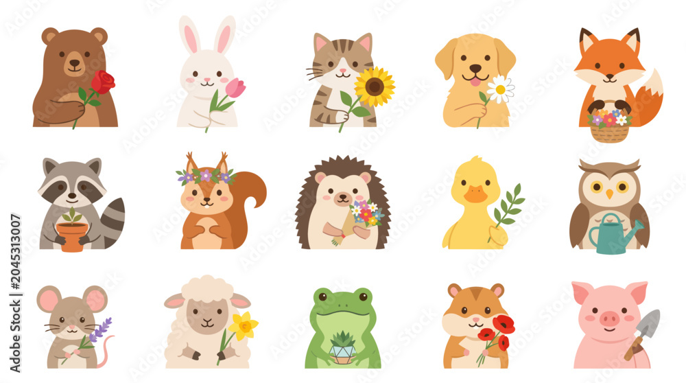 Obraz premium Adorable Flat Vector Cartoon Nature Animals Set with Spring Flowers and Gardening Tools