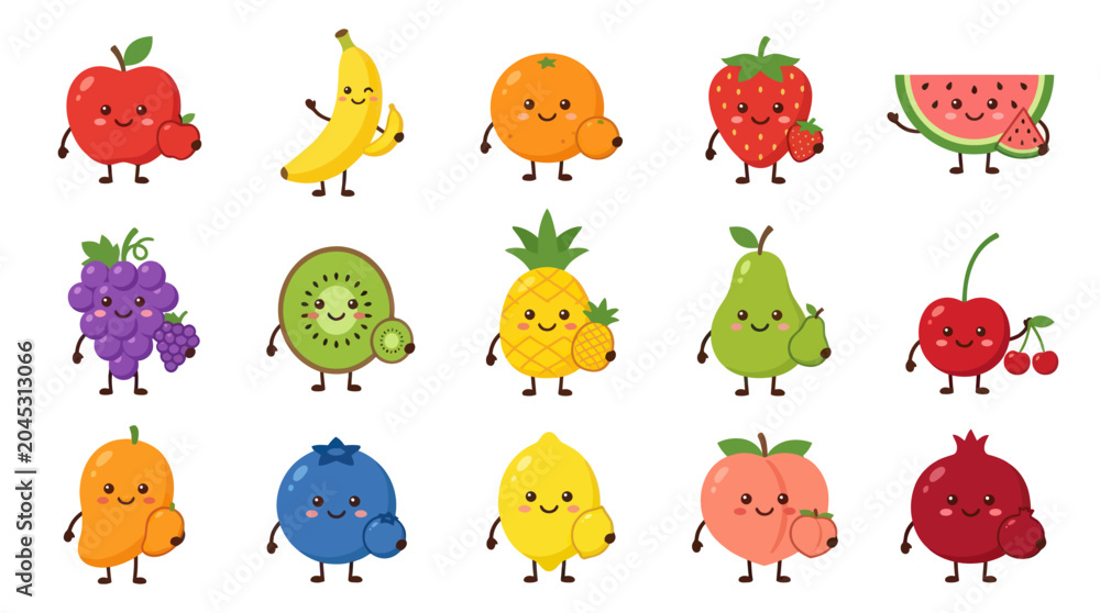 Obraz premium Cute Kawaii Fruits Characters Set, Vector Flat Style, Food Icons
