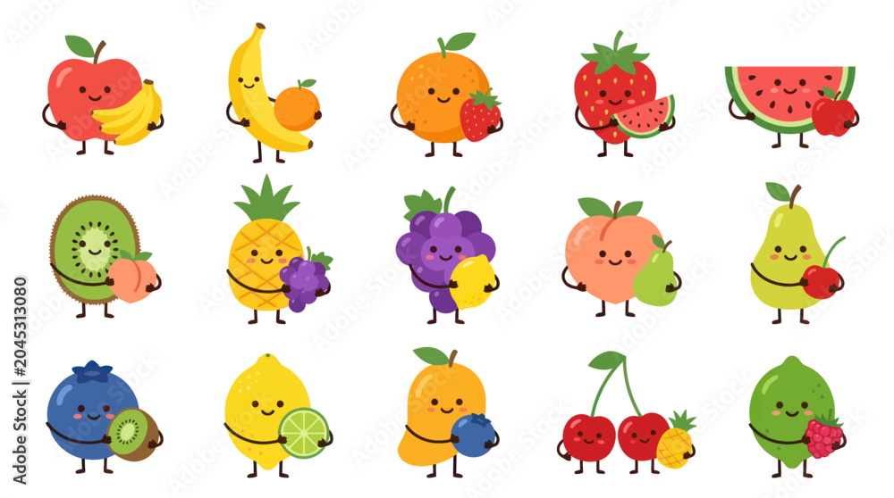 Obraz premium Cute Cartoon Flat Vector Fruit Characters Collection for Kids, Food Healthy Lifestyle Industry