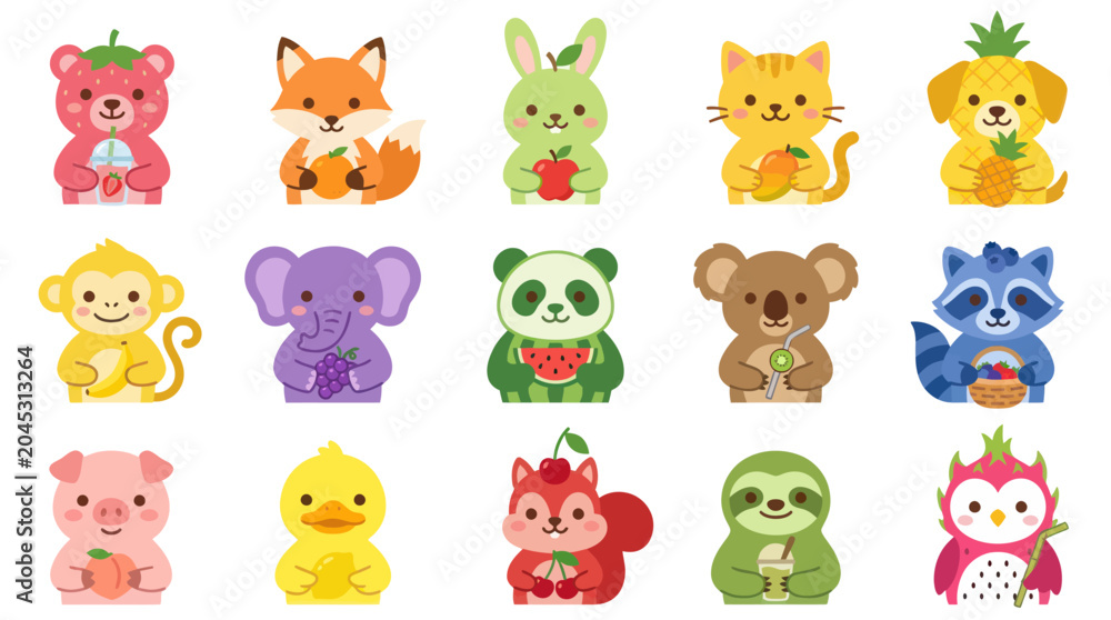 Fototapeta premium Cute cartoon animals holding fruits, flat vector illustration, food icons