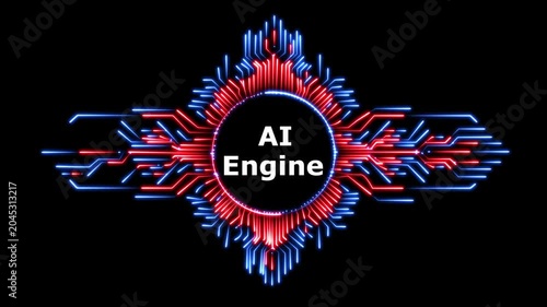 Ai engine animation with glowing neon light circuits, digital technology background.