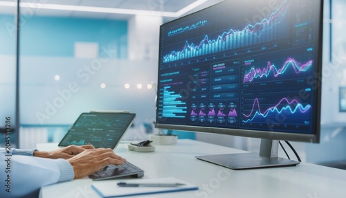 Blue stock market data on dual computer screens with hand
