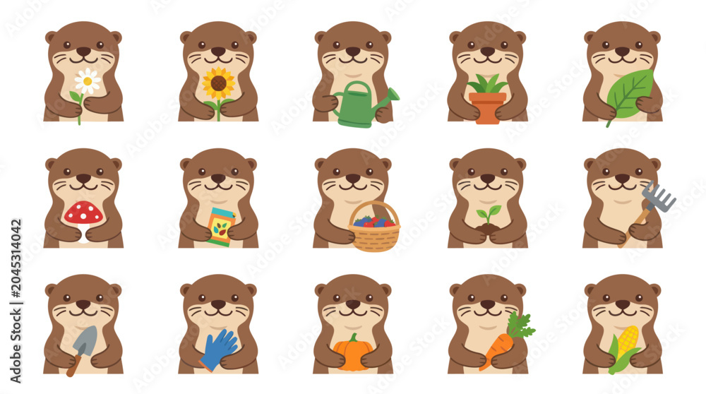 Fototapeta premium Cute Otters Holding Garden Items, Vegetables, and Flowers Flat Illustration