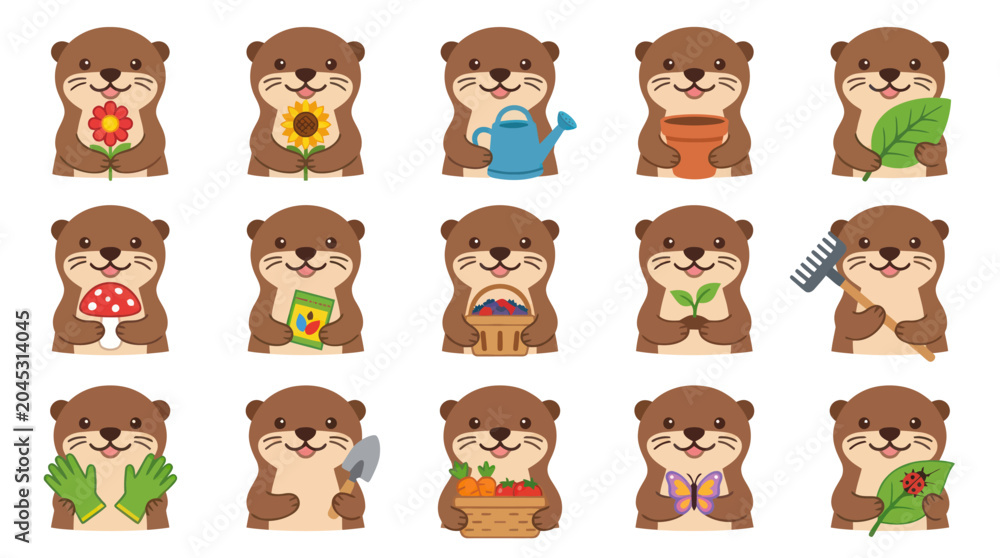 Obraz premium Cute Flat Cartoon Otters Gardening Illustration Set. Adorable Animal Characters with Plants and Garden Tools.