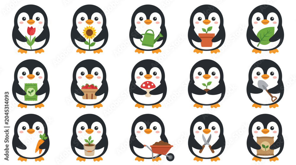 Fototapeta premium Cute Flat Cartoon Penguin Icons Collection for Gardening, Nature, and Spring Activities Vector Illustration