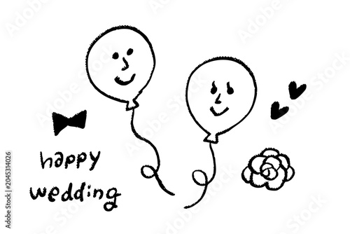 Foto 手描きの新郎新婦風船と花やハートで彩るHappy Weddingイラスト素材　結婚式や招待状に使えるナチュラルなブライダルデザイン