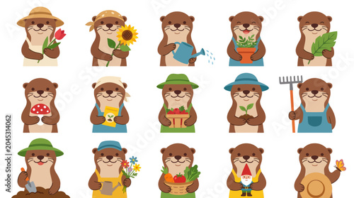 Cute Otter Gardeners Cartoon Vector Set