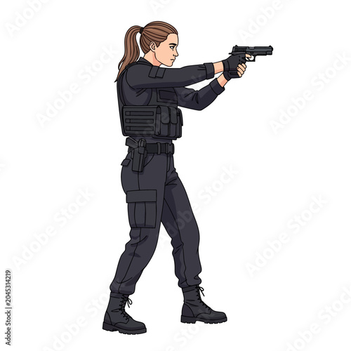 Female agent with firearm, drawing pistol, tactical illustration