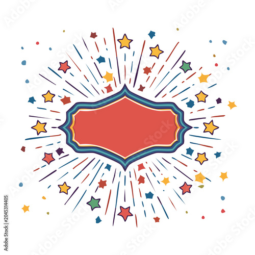 Retro burst frame with stars and confetti