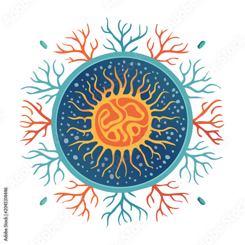 Sun mandala with branches and celestial elements