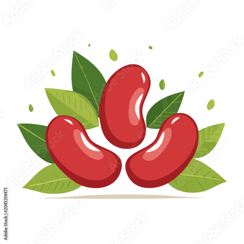 Three red kidney beans with green leaves