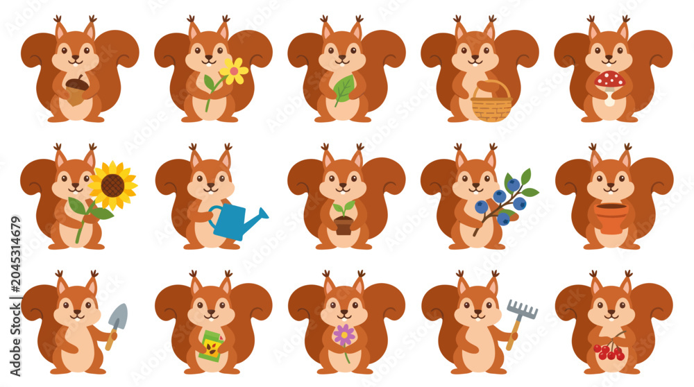 Obraz premium Cute Squirrels with Flowers, Acorns, Basket, Watering Can, Rake, Berries