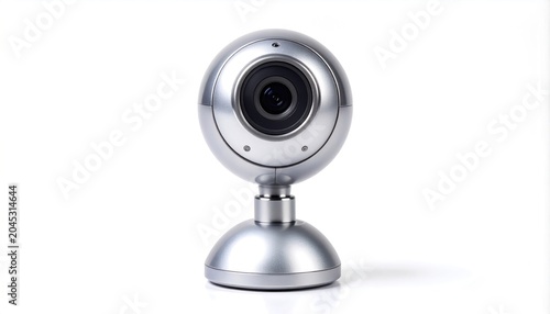 Silver webcam on a white background for video conferencing.