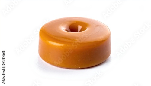 Single Caramel Candy with Hole on White Background.