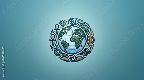 Global unity concept featuring earth and spiritual symbols