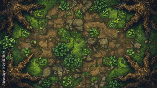 top-down view of fantasy forest ground tiles with moss and tree roots in game design
