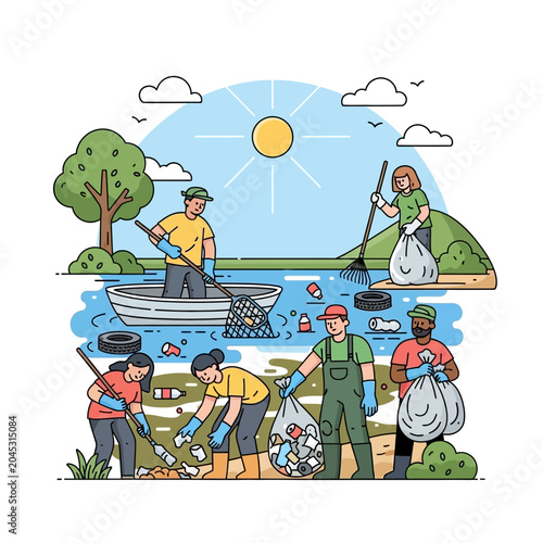 Volunteers cleaning environment, removing waste, charity vector illustration