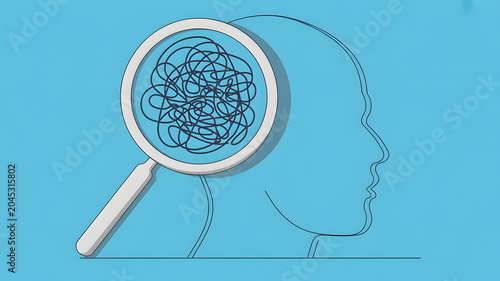 Confused mind with magnifying glass showing tangled thoughts and mental clutter